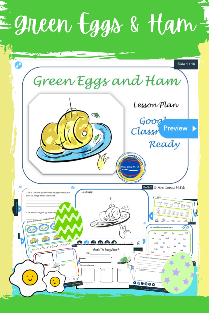 Green Eggs and Ham by Dr. Seuss FREE Lesson Plan Critical thinking worksheets, coloring and rhyming