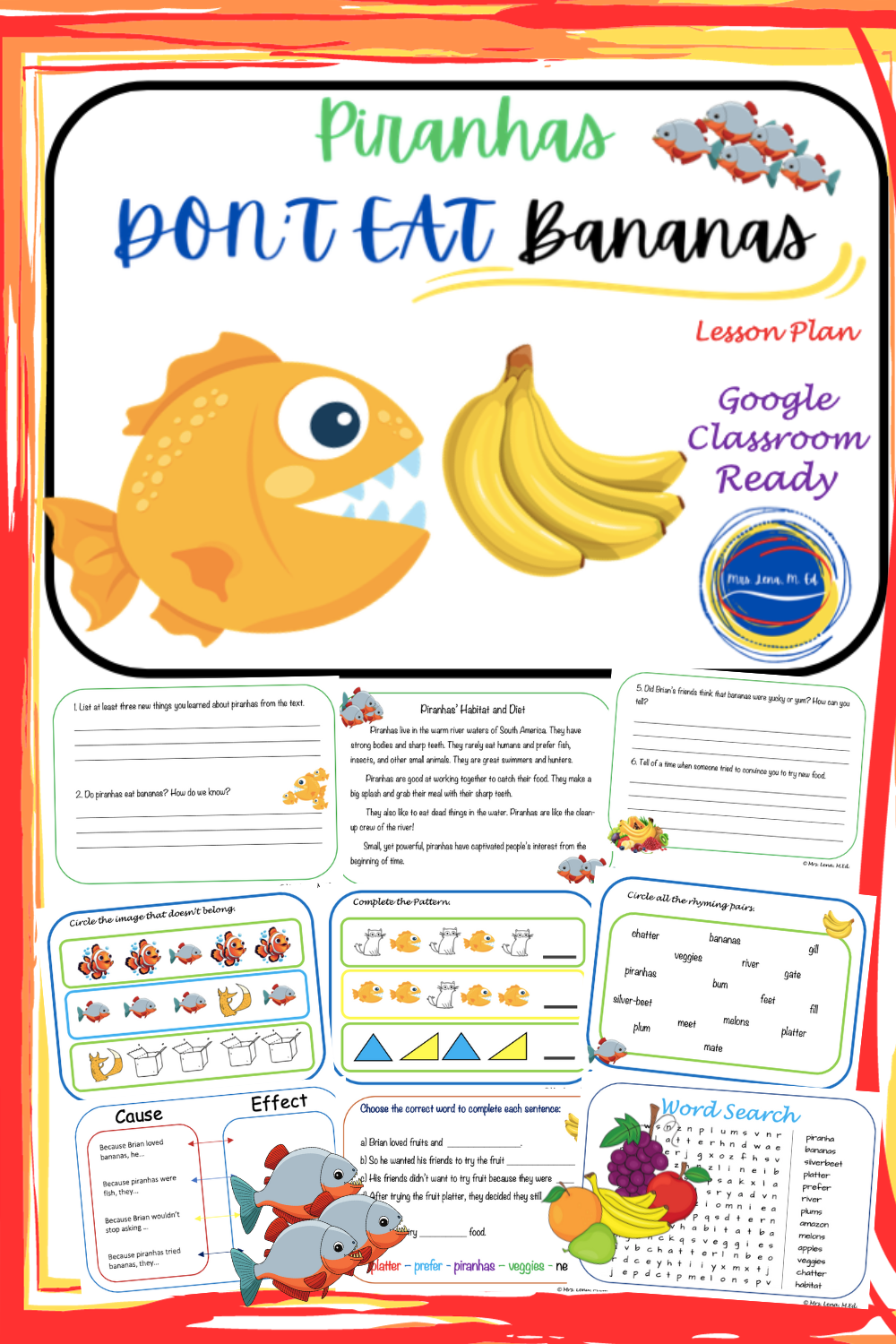 Piranhas Don't Eat Bananas by Blabey NO PREP lesson plan is a cross-curriculum language arts and science resource.