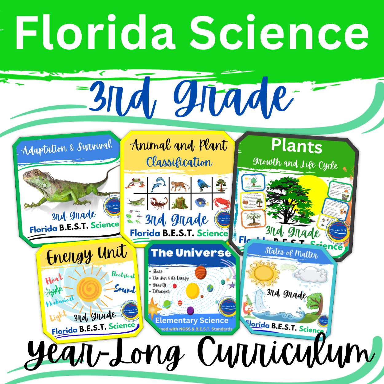 3rd Grade Florida Science Year Long Curriculum Bundle is aligned with the B.E.S.T. State Science Standards. This full year-long curriculum bundle includes all lessons, topics, and concepts. Print and GO. Teach, re-teach, test-prep, and asses.


