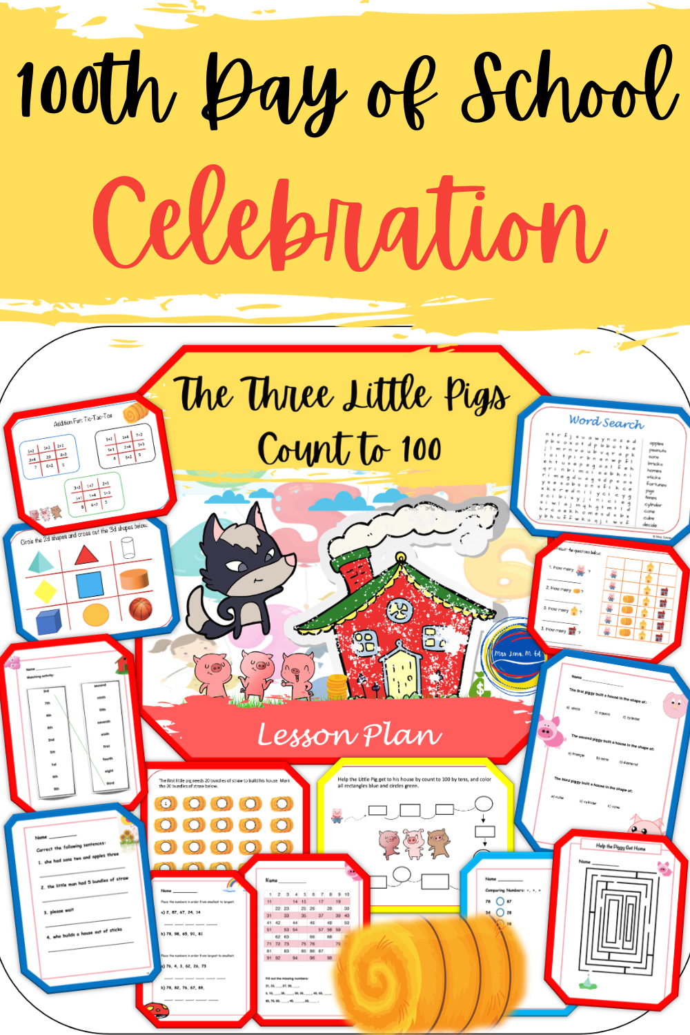 The Three Little Pigs Count to 100 Hundred Days of School Lesson Plan and Activities 