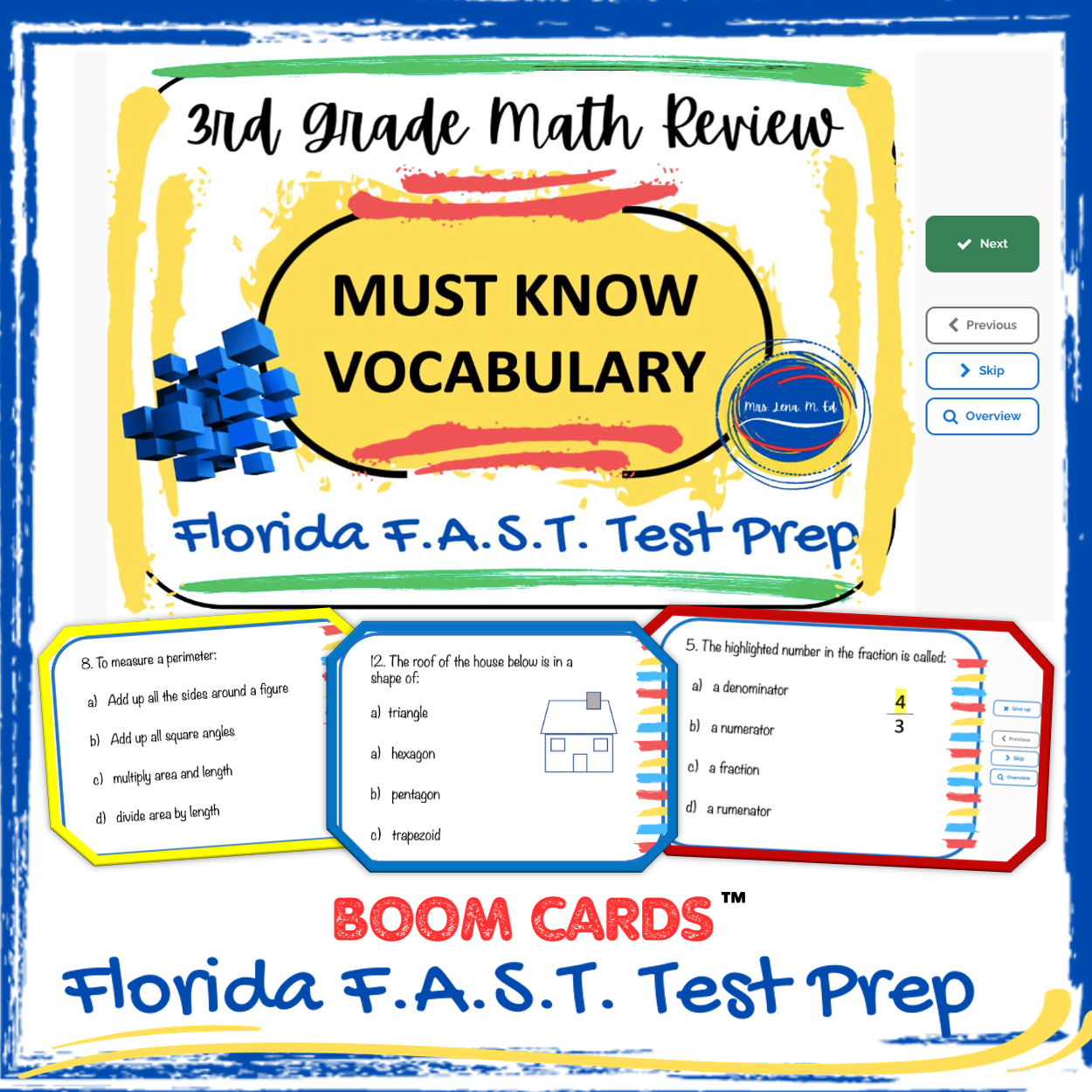 3rd and 4th Grade Math Vocabulary Task Cards and Boom Cards™ Game Test Prep